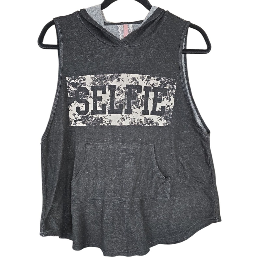 Mauve Womens Sz M Tank‎ Top Hoodie Shirt Black Heathered "Selfie" Floral
